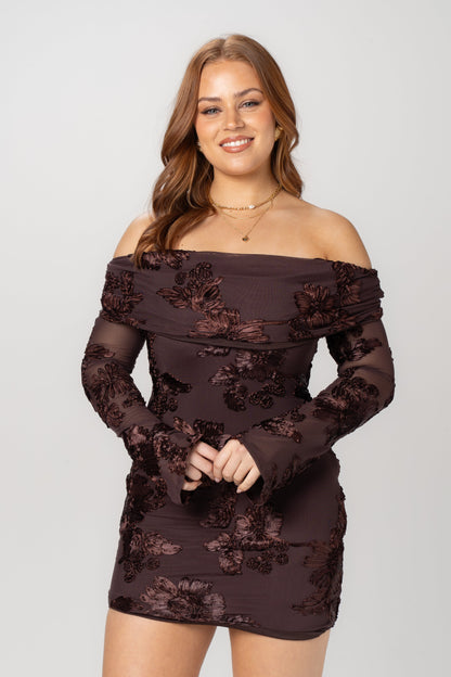 Tamsin Chocolate Off-Shoulder Long Sleeve Mini