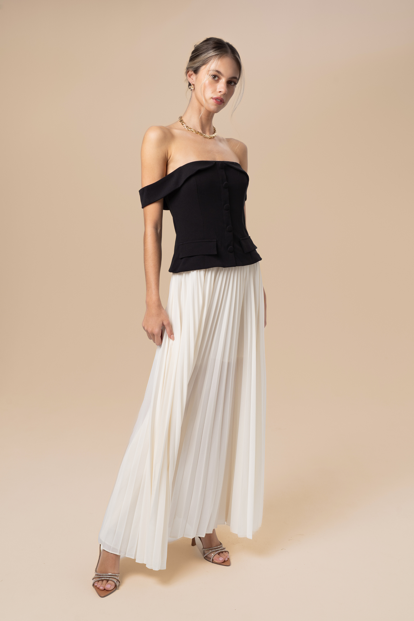 Vivienne Off-Shoulder Black & White Maxi Dress