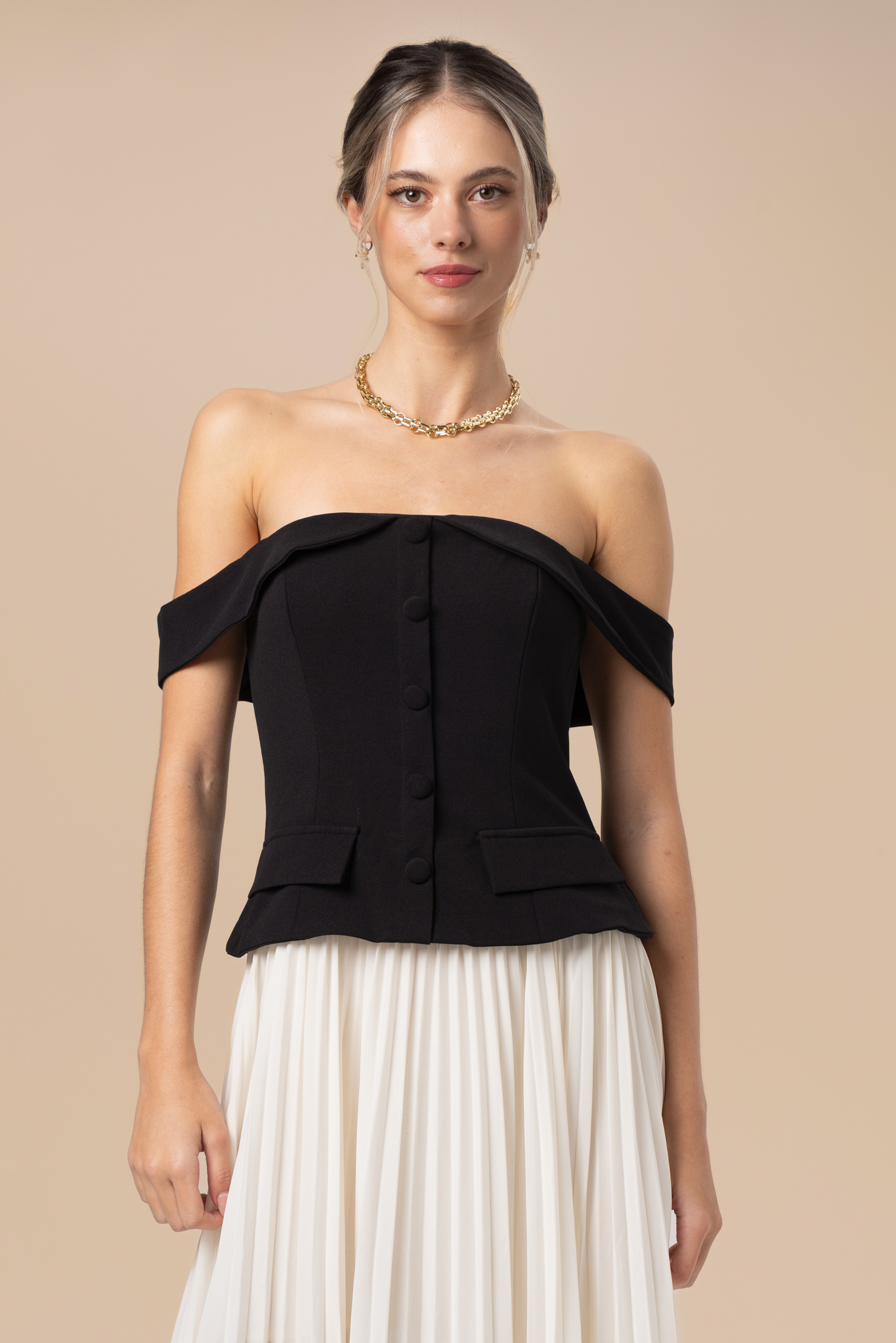 Vivienne Off-Shoulder Black & White Maxi Dress