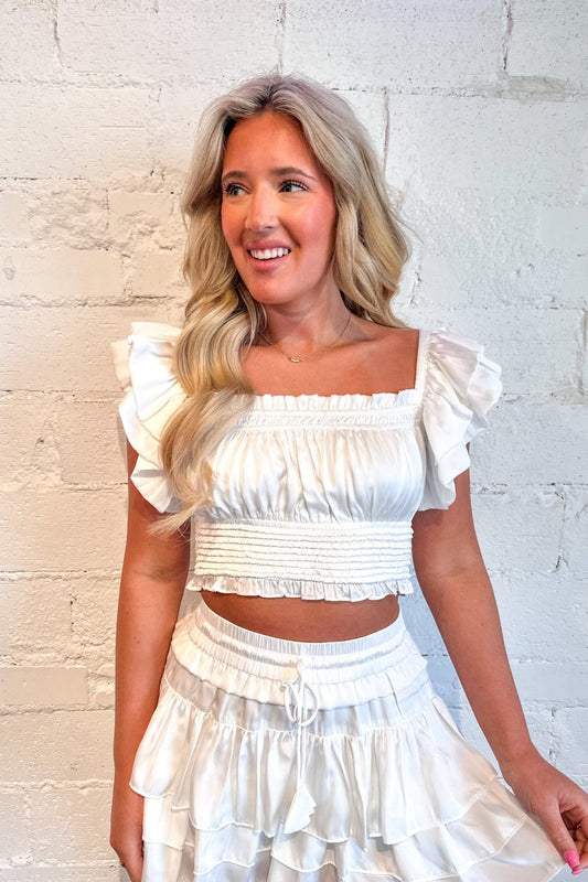 White Ruffle Sleeve Smock Top