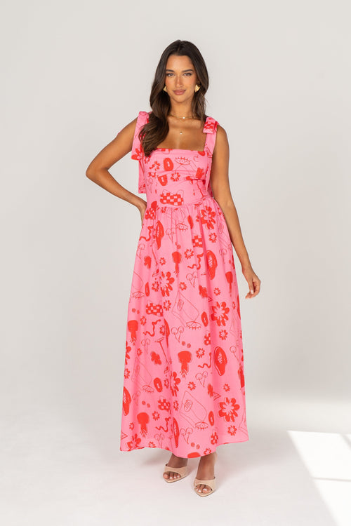 Willa Pink & Red Print Maxi Dress with Shoulder Ties