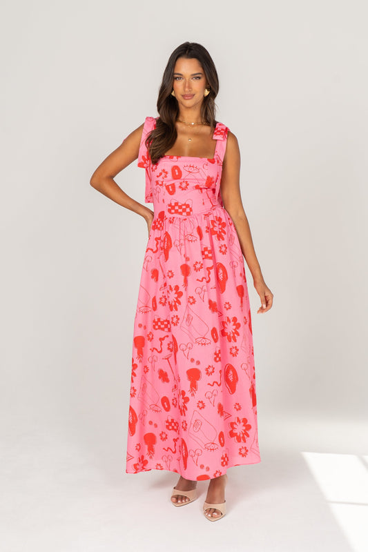 Willa Pink & Red Print Maxi Dress with Shoulder Ties