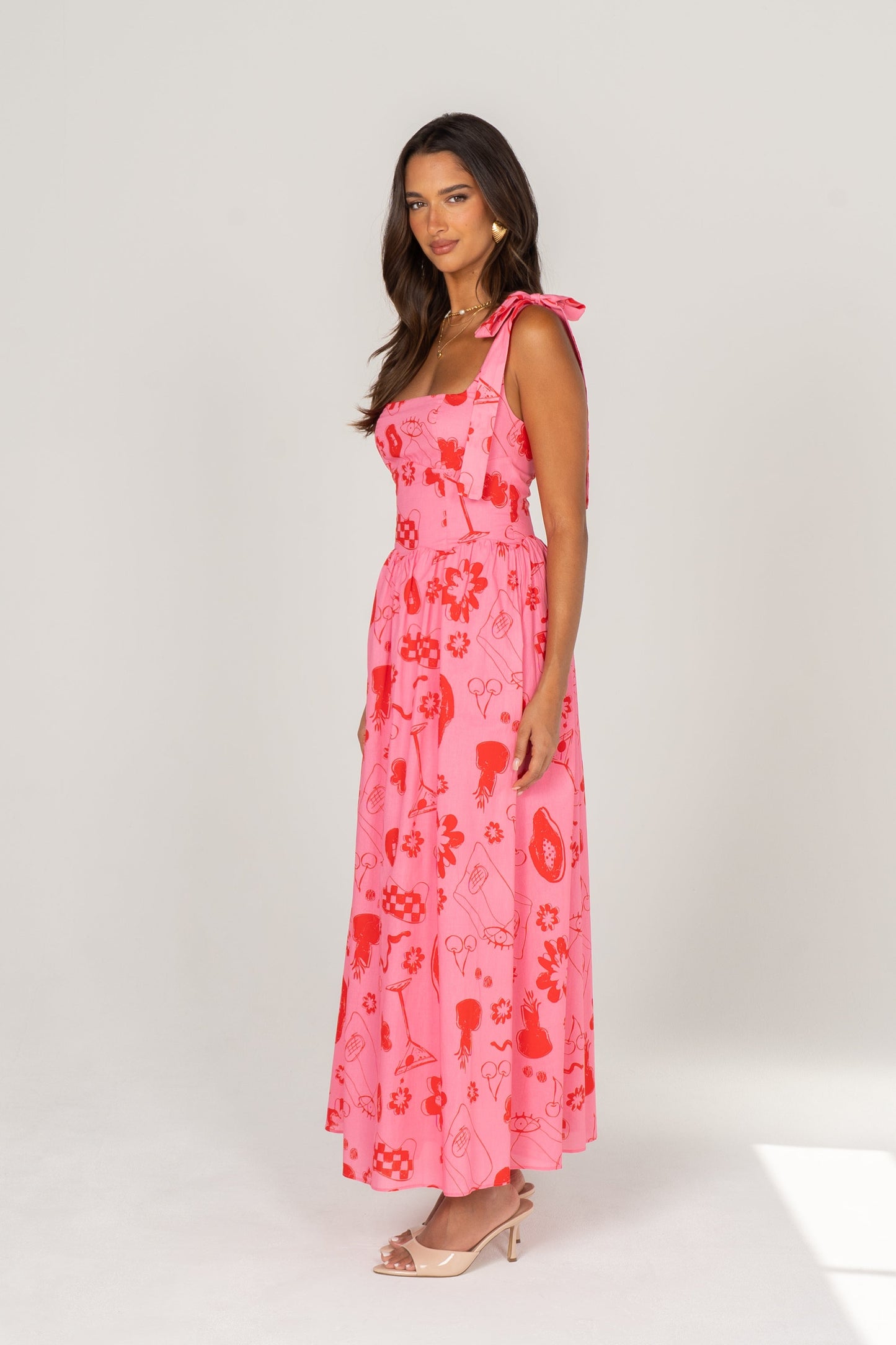 Willa Pink & Red Print Maxi Dress with Shoulder Ties
