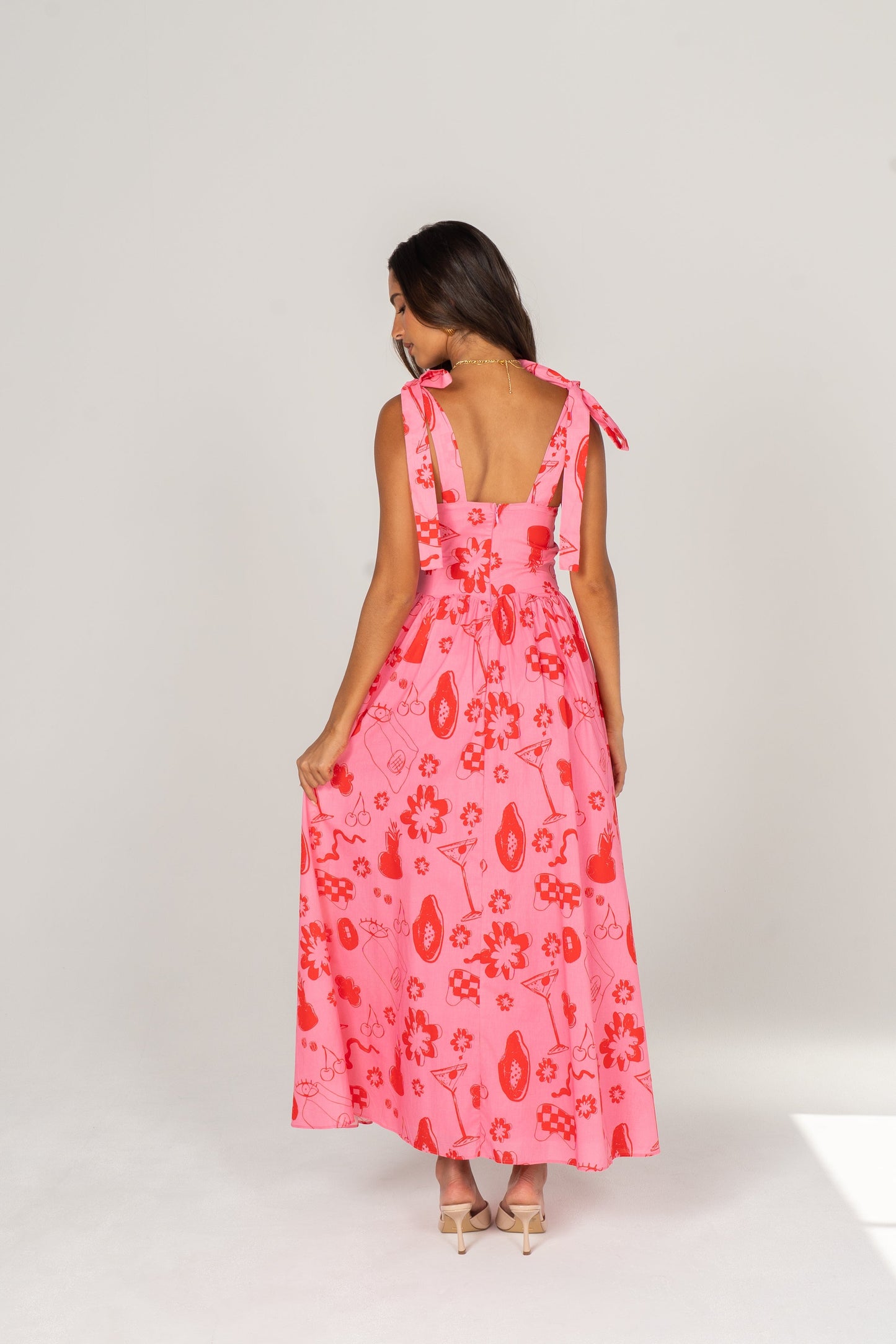 Willa Pink & Red Print Maxi Dress with Shoulder Ties