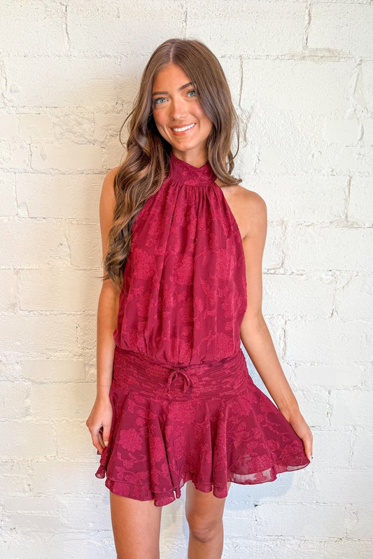 Wine Floral Backless Mini Dress