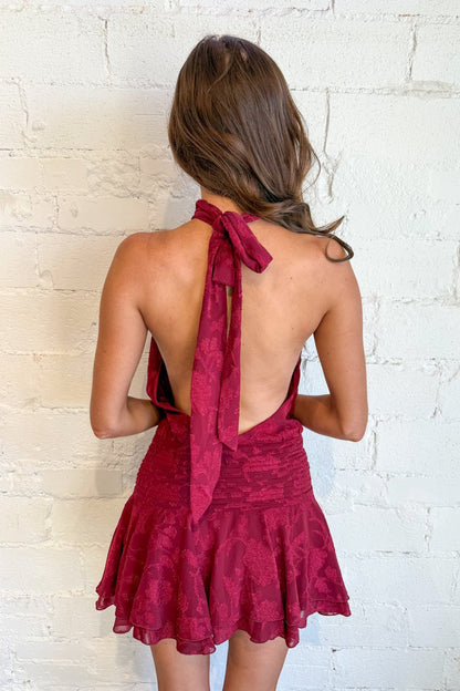 Wine Floral Backless Mini Dress