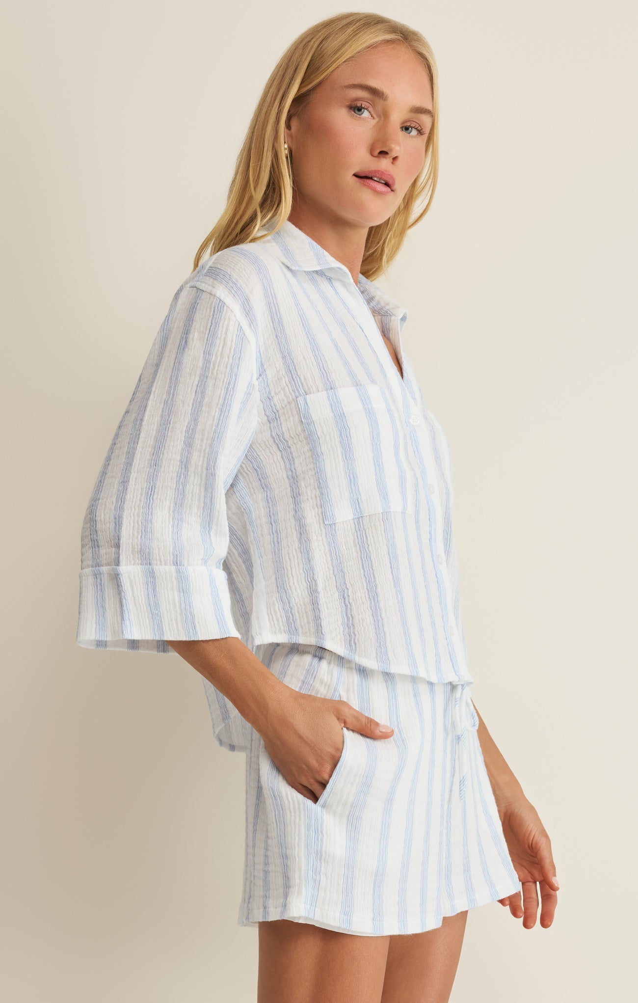 Helena Striped Airy Gauze Button Up