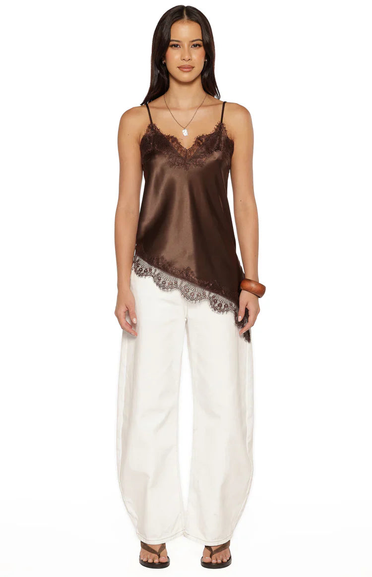 Ziva Brown Satin Lace Asymmetrical Top - PRE ORDER