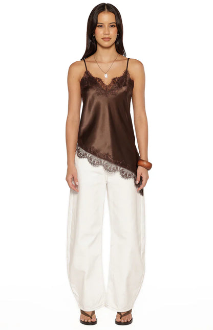 Ziva Brown Satin Lace Asymmetrical Top - PRE ORDER