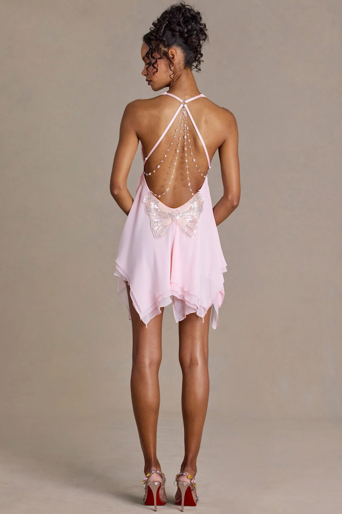 Chiffon Plunge-Neck Open-Back Mini Dress in Baby Pink