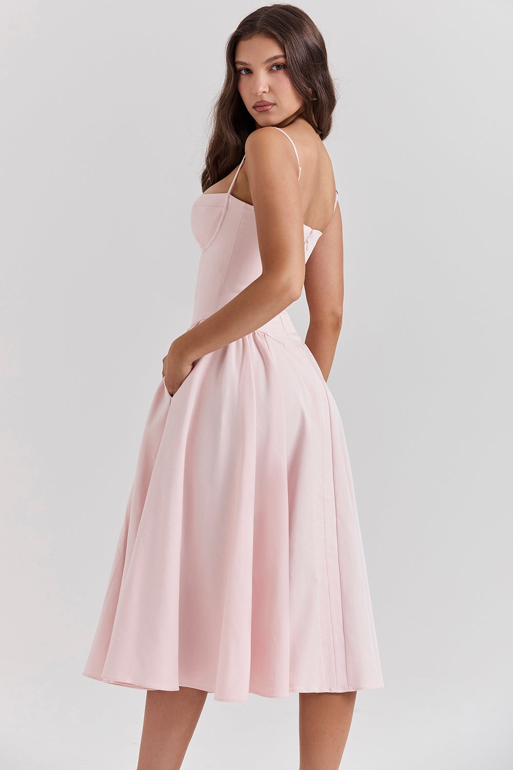 ballerina pink twill corset midi dress