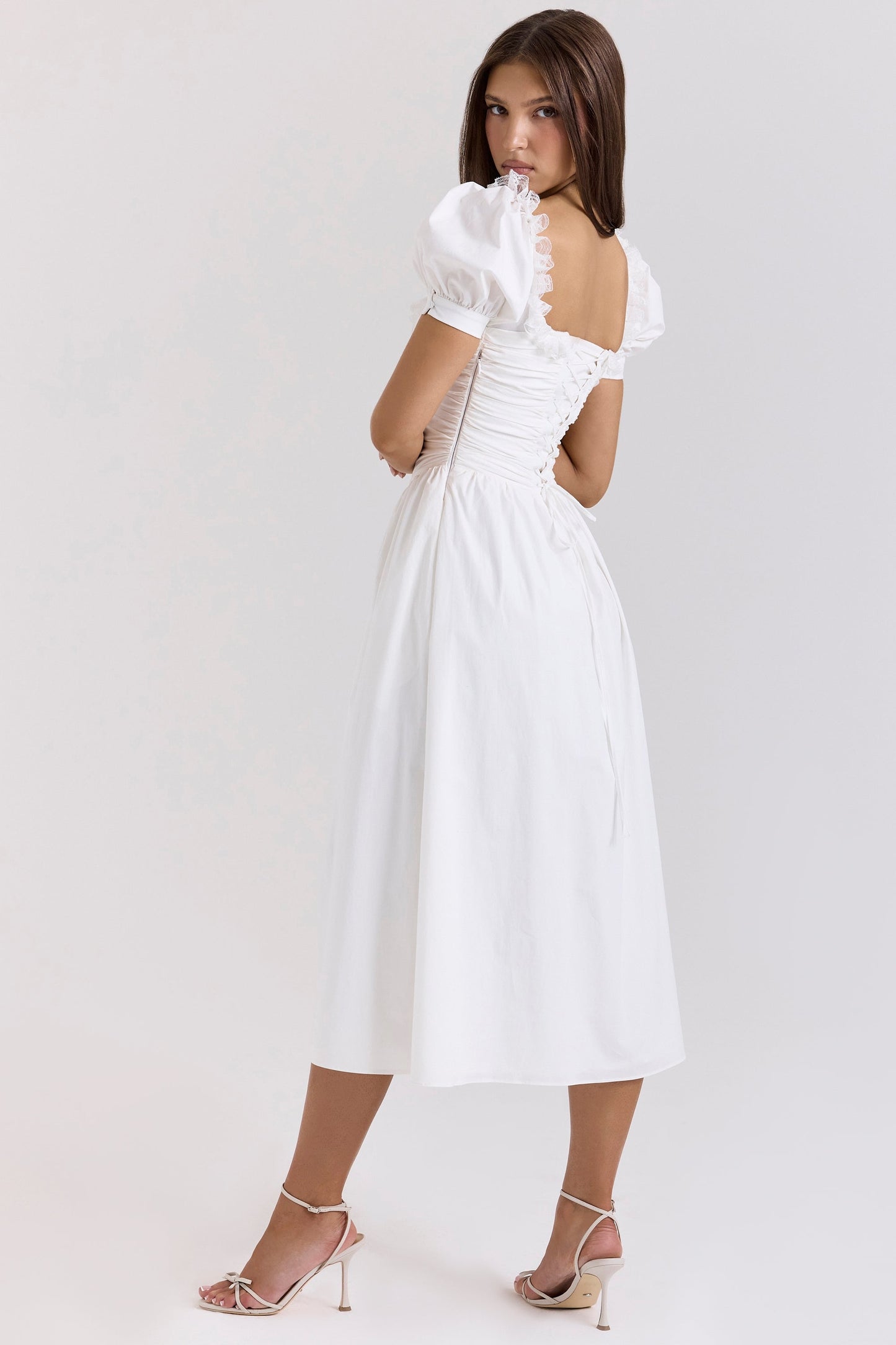 white stretch cotton puff sleeve midi dress