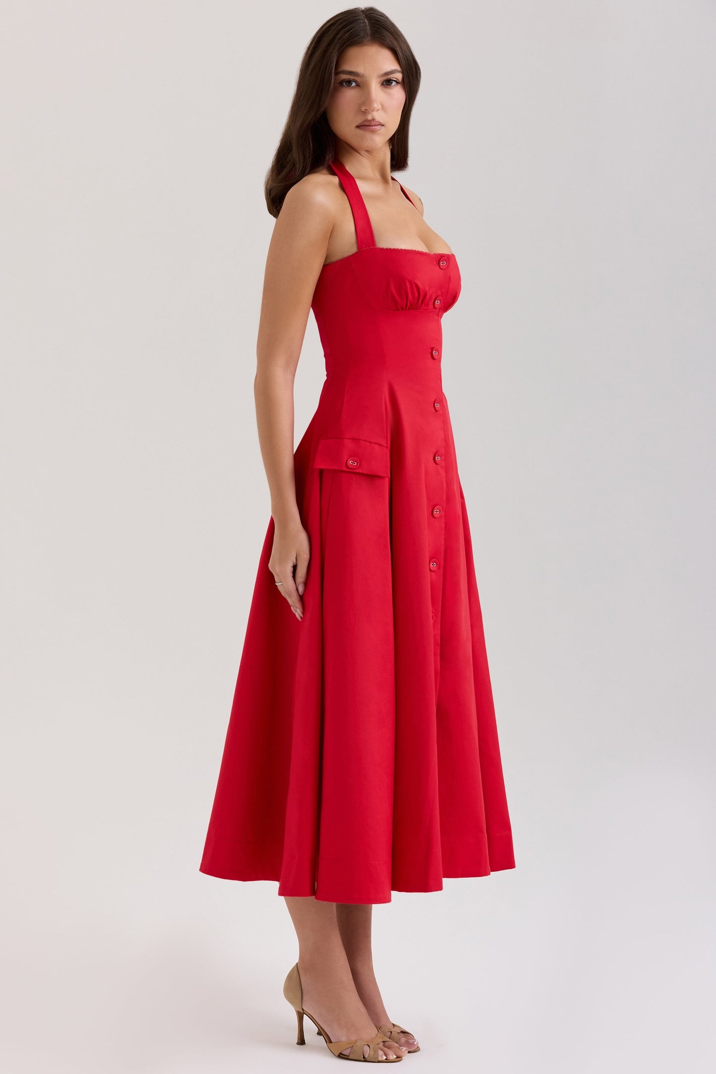 red stretch cotton button halter neck midi dress
