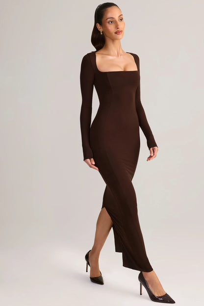 Modal Square-Neck Bodycon Maxi Dress in Chocolate Brown