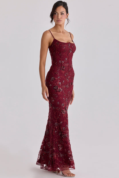 wine hand beaded embellished corset maxi dress - limited edition