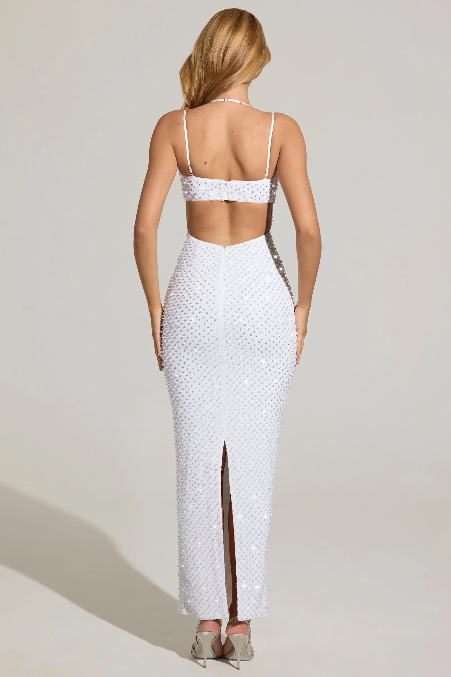 Embellished Cowl-Neck Maxi Dress in White