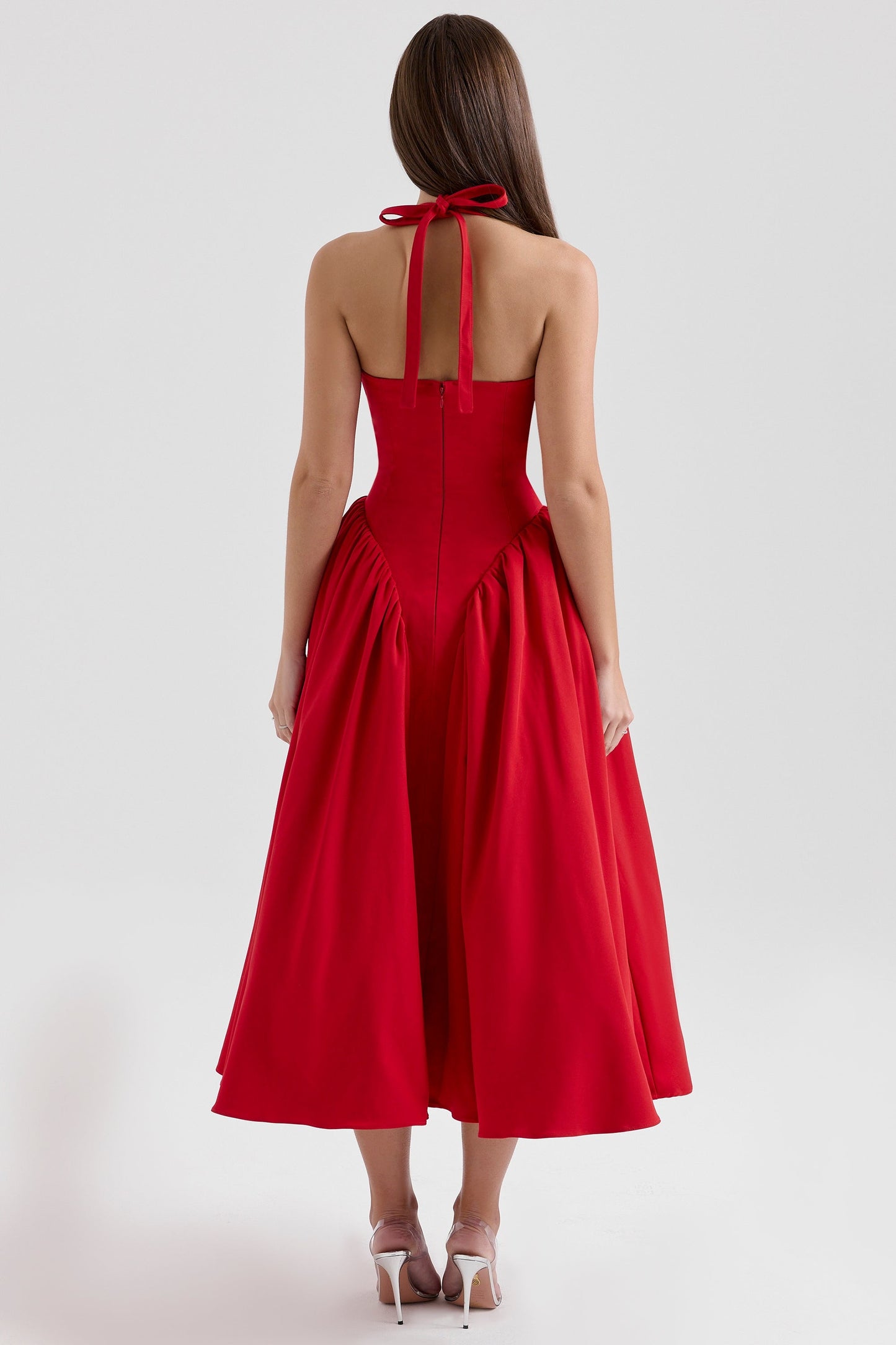 red twill halter midi dress