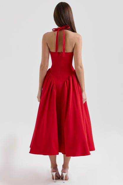 red twill halter midi dress