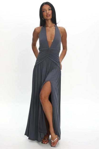 Italia Azure Gathered Waist Maxi Dress Charcoal