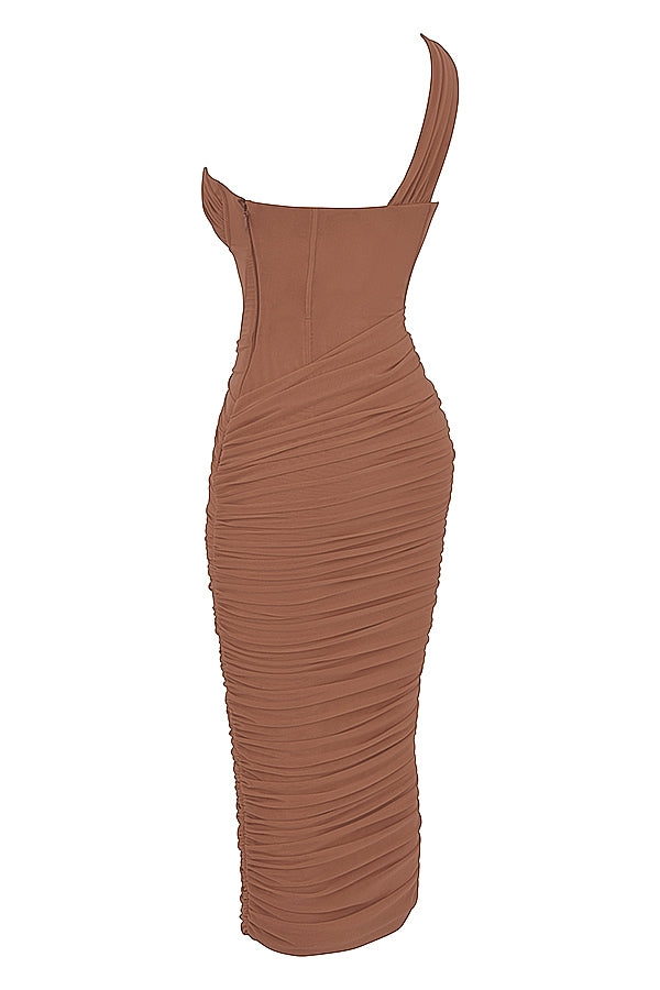 mocha asymmetric cutout midi dress