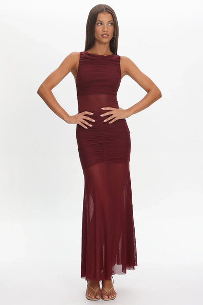 Sade Sheer Panel Ruched Maxi Dress Wine