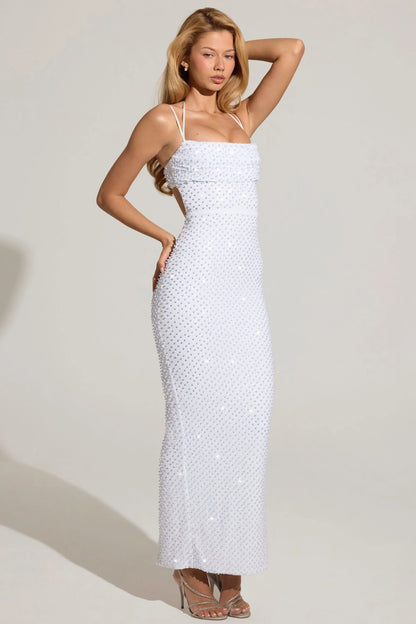 Embellished Cowl-Neck Maxi Dress in White