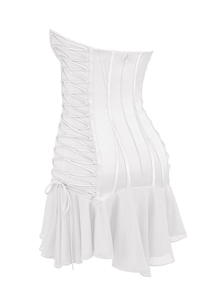 white strapless lace up mini dress