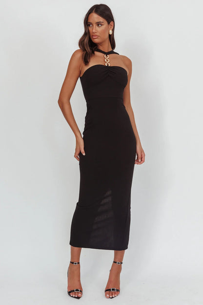 Maretha Gold Link Neckline Maxi Dress Black
