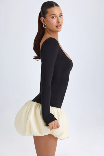 Modal Scoop-Neck Drop-Waist Bubble Hem Mini Dress in Vanilla