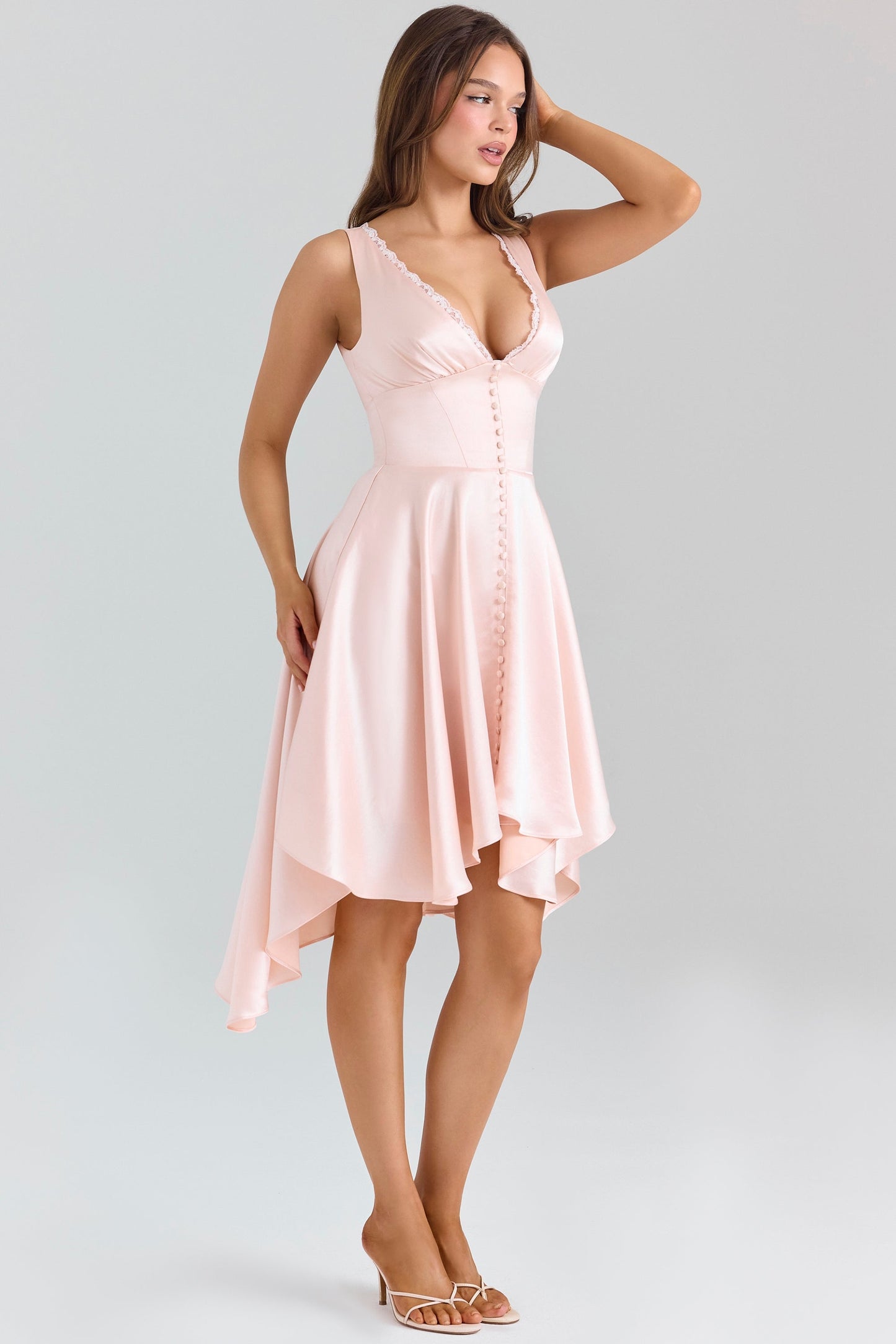 pink satin asymmetric handkerchief hem midi dress