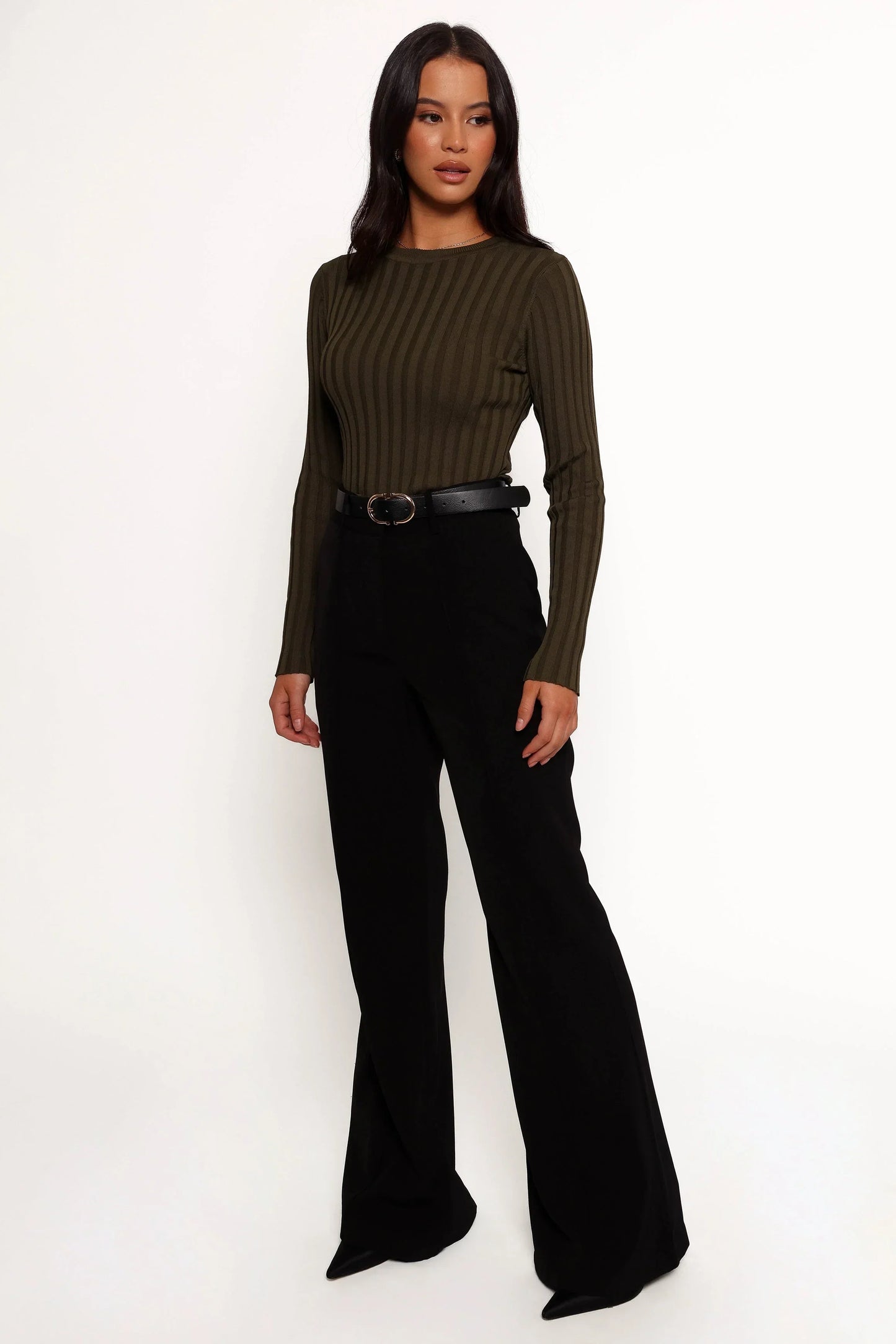 Aneesa Wide Rib Knit Top - Dark Olive
