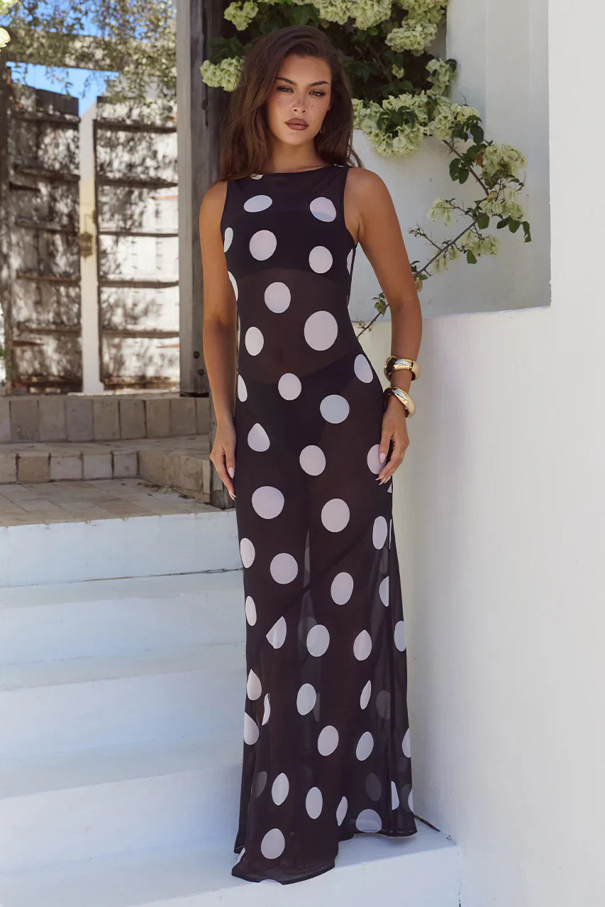 TERA HIGH NECK MAXI DRESS - BLACK/WHITE POLKA