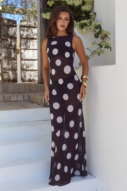 TERA HIGH NECK MAXI DRESS - BLACK/WHITE POLKA