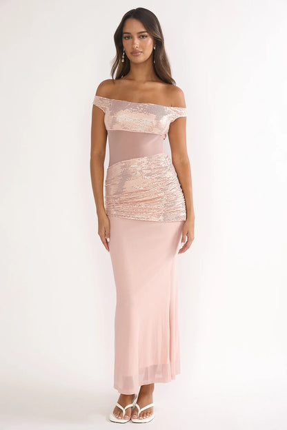 Bellora Off-Shoulder Sequin Trim Maxi Dress Nude