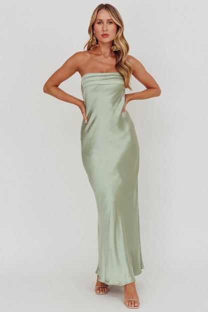Kona Strapless Pleated Bust Satin Maxi Dress Sage