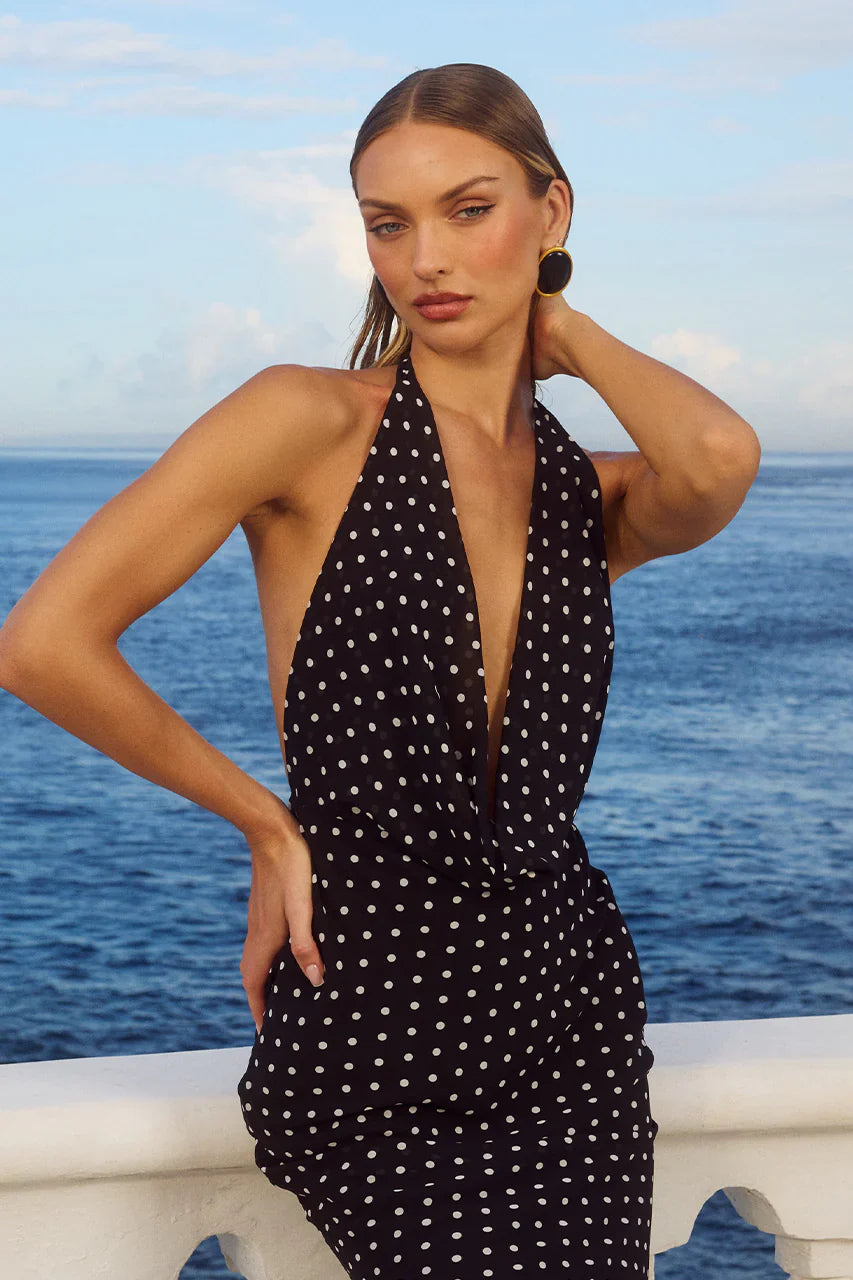 LEXIE LOW PLUNGE HALTER MAXI DRESS - BLACK POLKA