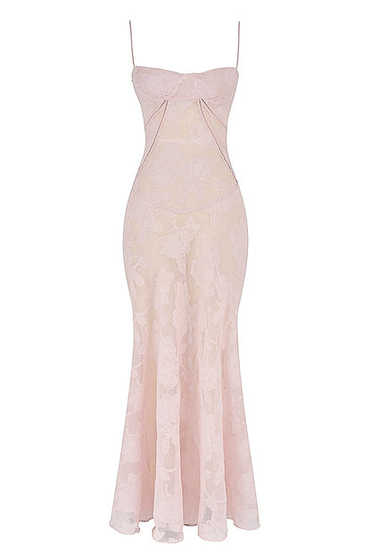 soft pink floral lace back maxi dress