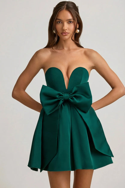 Bow-Detail Corset Mini Dress in Emerald Green