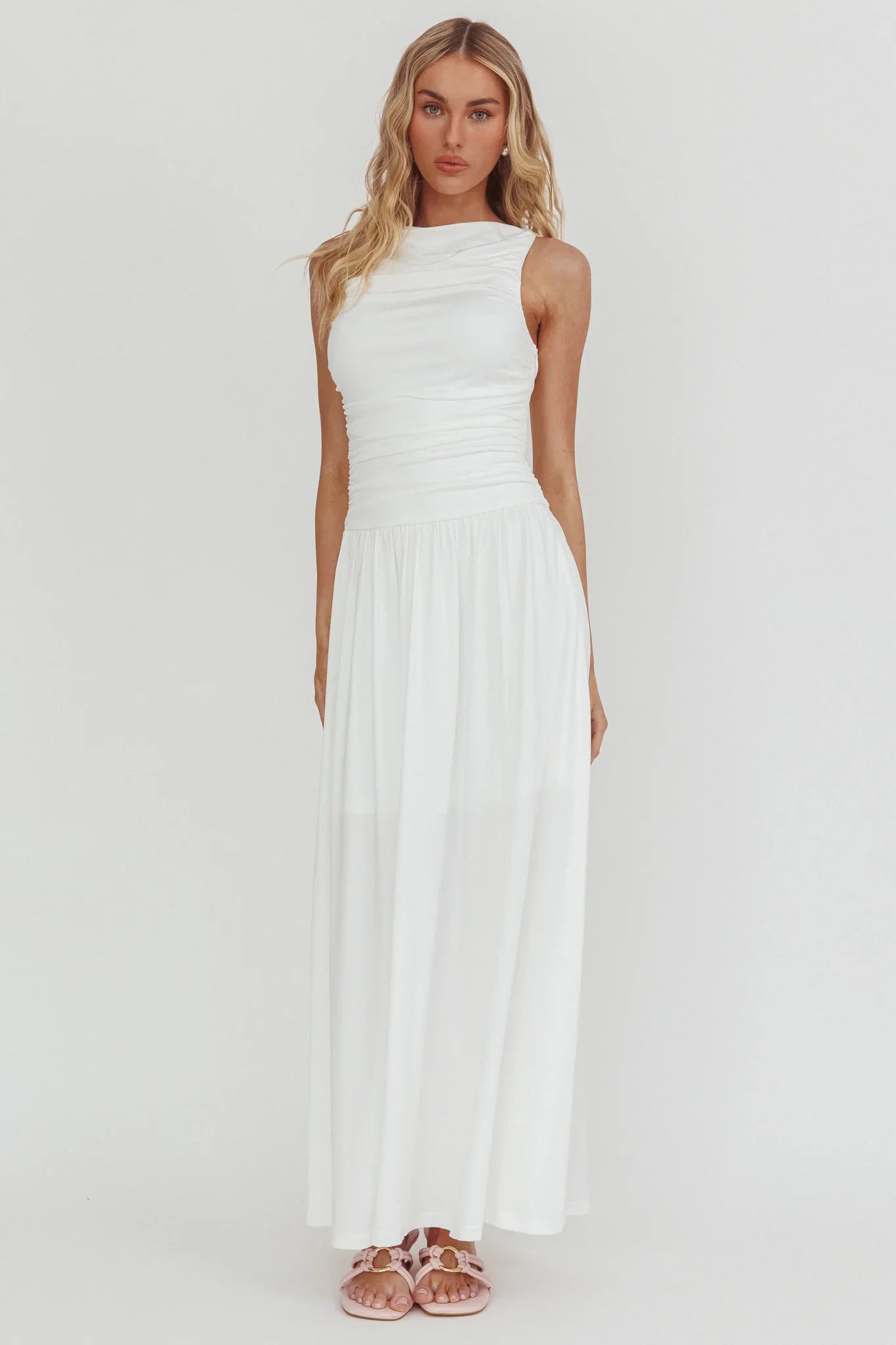 Dalayla Sleeveless Ruched Maxi Dress White