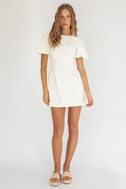 Leronne Hook & Eye Puff Sleeve Mini Dress White