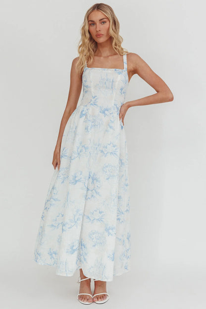 El Corazon Smocked Neckline Maxi Dress Print Blue