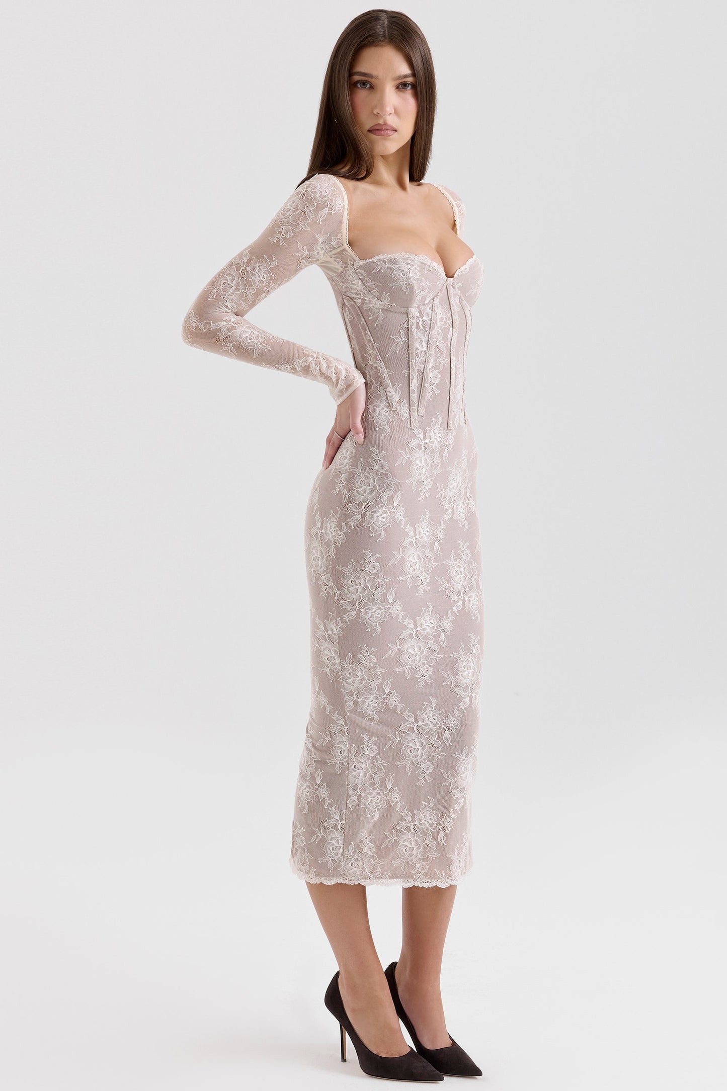 ivory lace long sleeve midi dress