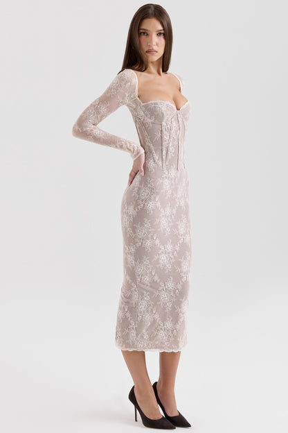 ivory lace long sleeve midi dress