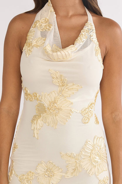 Kirralee Asymmetric Halterneck Embellished Maxi Dress Yellow