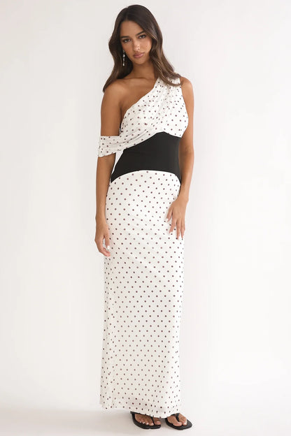 Milos Asymmetric Neckline Maxi Dress Polka Dot Brown