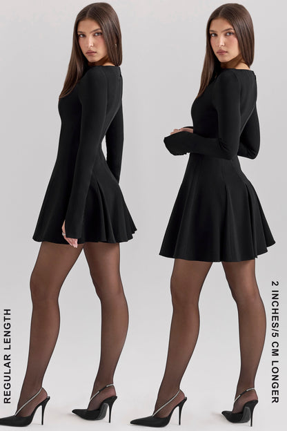 black stretch crepe godet mini dress