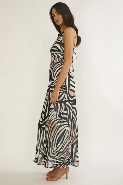 Floating Tied Low Back Maxi Dress Print Black/White