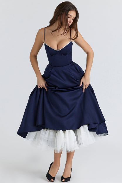 navy satin tulle midi dress