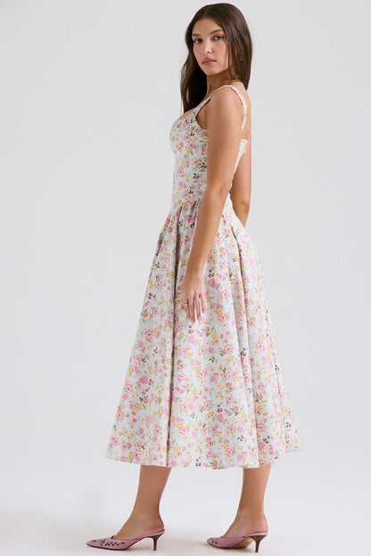 pale blue meadow print cotton midi sundress