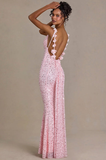 Embellished Open-Back Maxi Dress in Baby Pink
